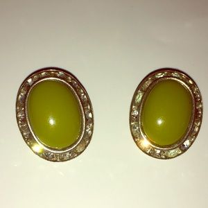 Vintage olive green clip on rhinestone earrings